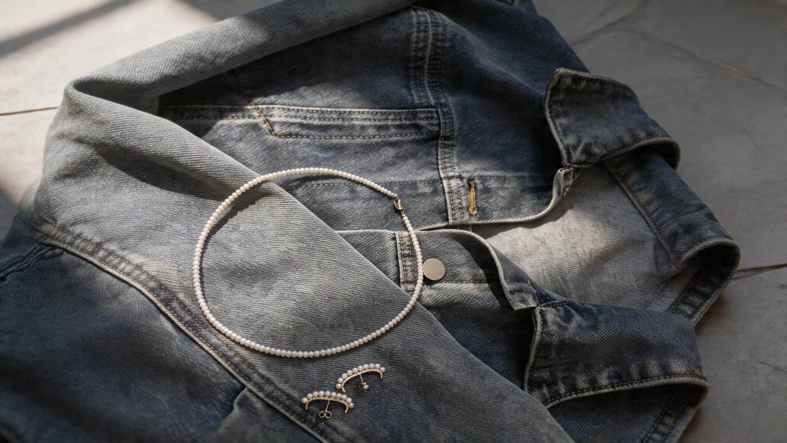 デニムに合わせたパールネックレス AFRIZO-MUTE