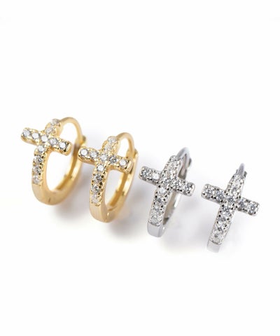 金属アレルギー 対応 ピアス フープ 小さめ ジルコニア 【kyklos-cros キクロス・クロス】 中折れ式 シルバー925 十字架 クロス フープピアス 18K仕上げ シルバー ピアス ゴールド k18 小ぶりピアス Silver925 18金 ニッケルフリー ピアス シンプル レディース キラキラ
