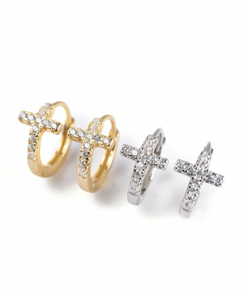 金属アレルギー 対応 ピアス フープ 小さめ ジルコニア 【kyklos-cros キクロス・クロス】 中折れ式 シルバー925 十字架 クロス フープピアス 18K仕上げ シルバー ピアス ゴールド k18 小ぶりピアス Silver925 18金 ニッケルフリー ピアス シンプル レディース キラキラ