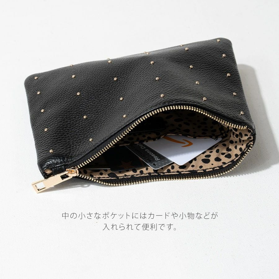 ポーチレディース大人本革牛革レザーポーチドット水玉スタッズ上品【DotleatherpouchドットレザーポーチMサイズ】スクエアかわいいおしゃれ通勤通学旅ギフトプレゼントブランドHAYNIヘイニ