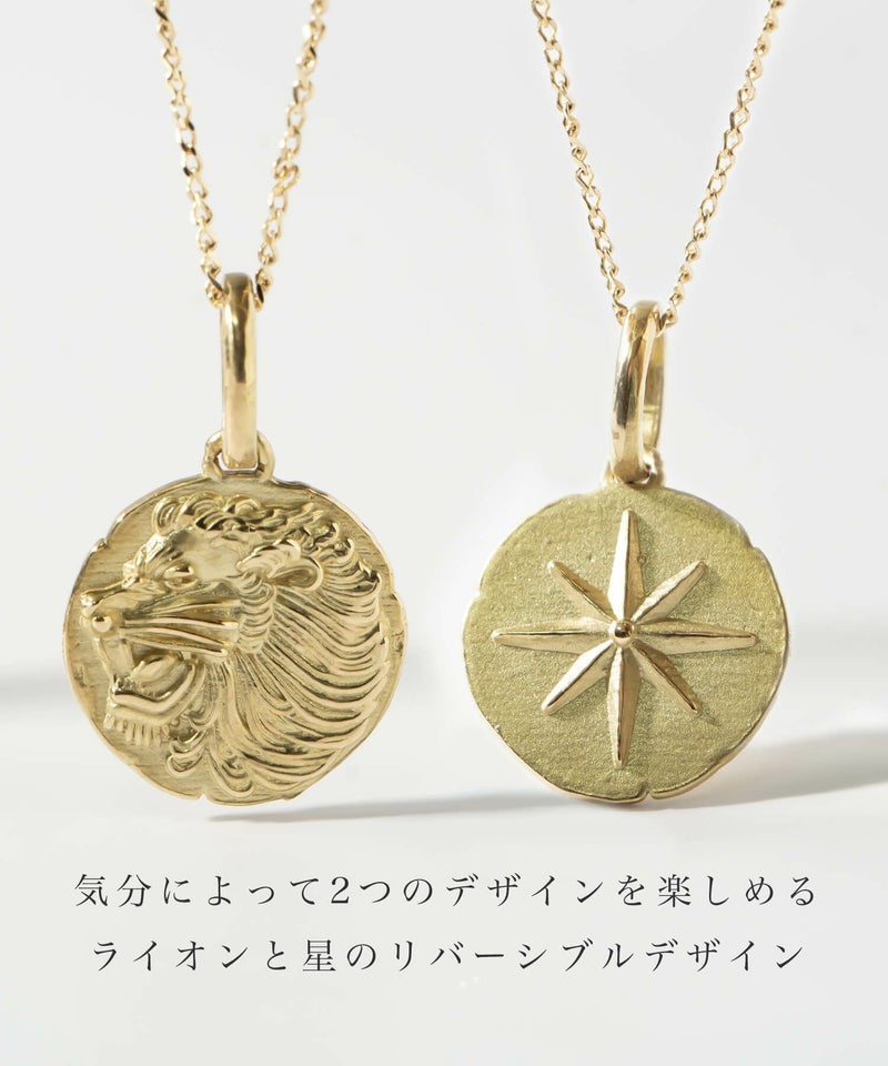 コインネックレスK1010Kレディースライオンアニマルモチーフ【rafolio-leoneラフォリオ・レオネ】コインネックレス金貨メダル10金リバーシブルネックレスゴールドネックレスゴールドペンダント丸ラウンド金属アレルギー対応小豆チェーン長さ45cm